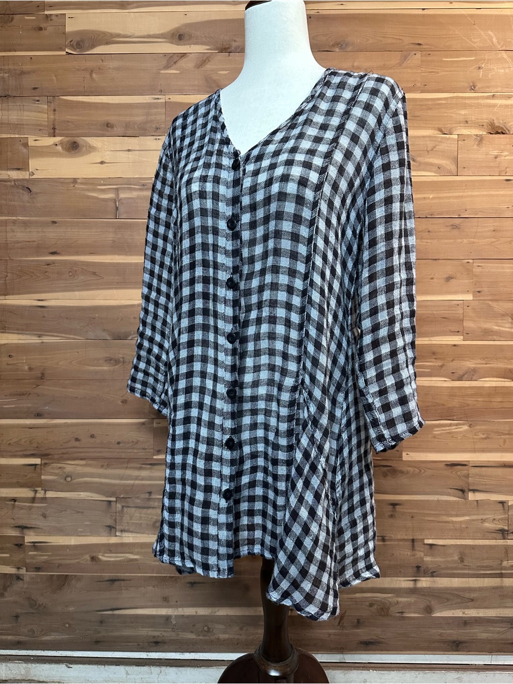 FLAX 100% Linen Black & Gray GINGHAM Check  Button-Front Tunic/Jacket GAUZY S